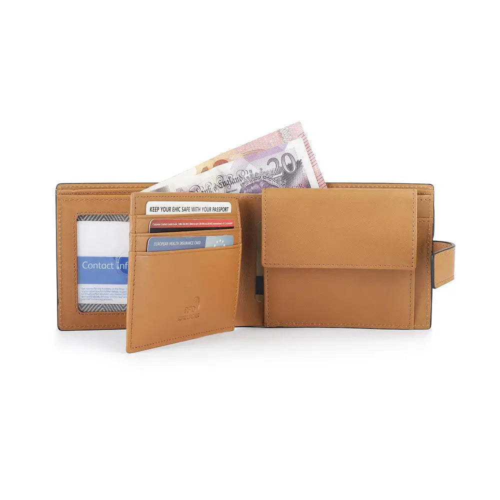 Open view of Tan  leather wallet with money and cards on a white background