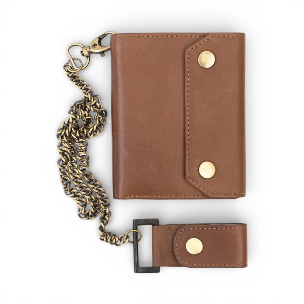 Tan leather wallet with chain on a white background