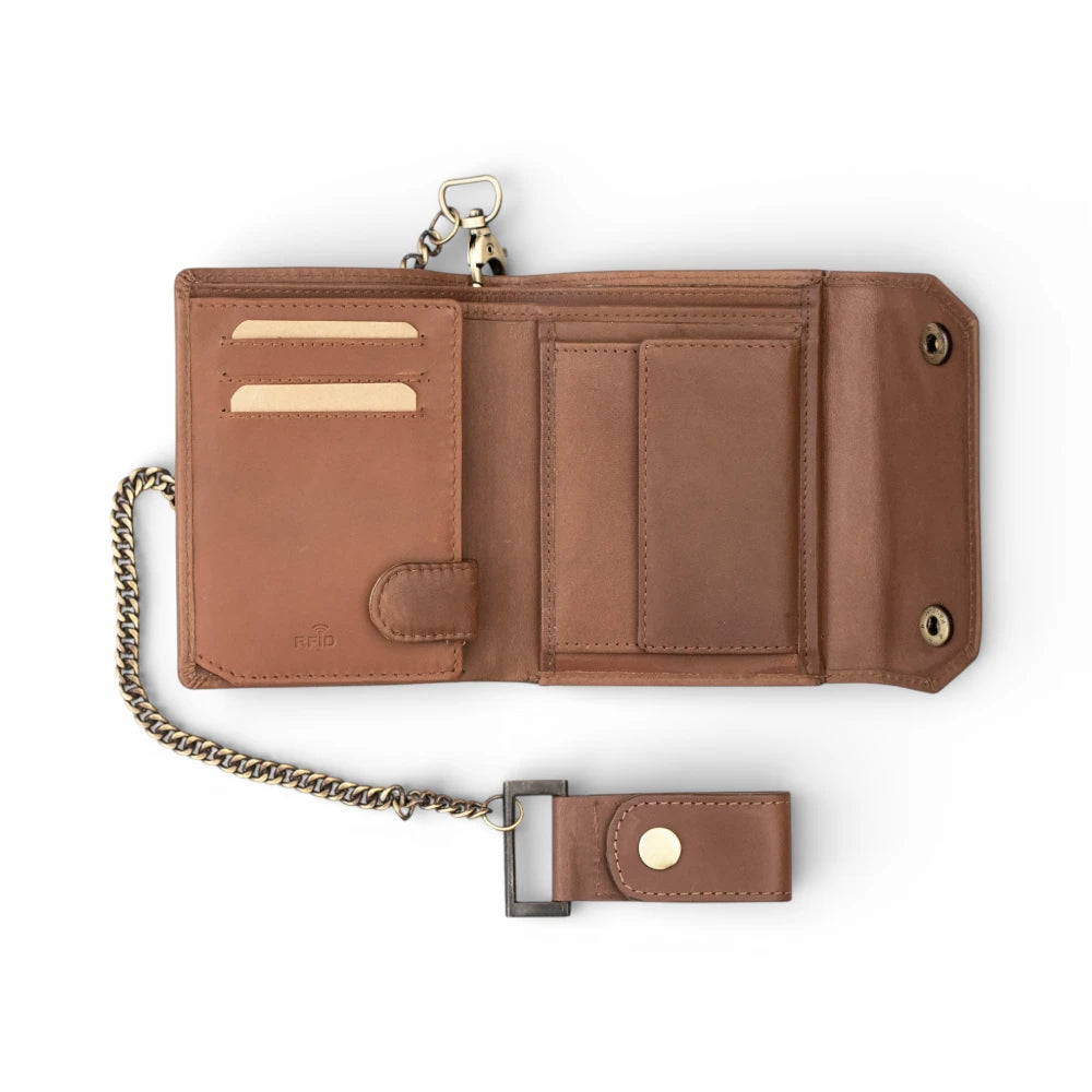 Tan leather wallet with chain on a white background