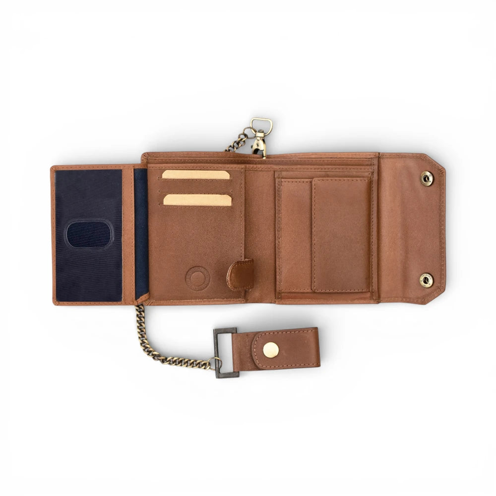 Tan leather wallet with chain on a white background