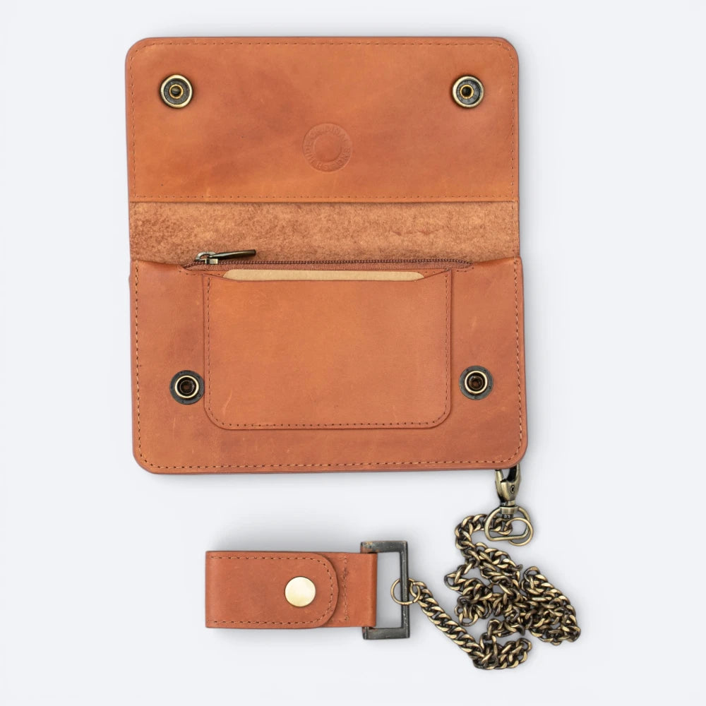 Tan leather wallet with chain on a white background