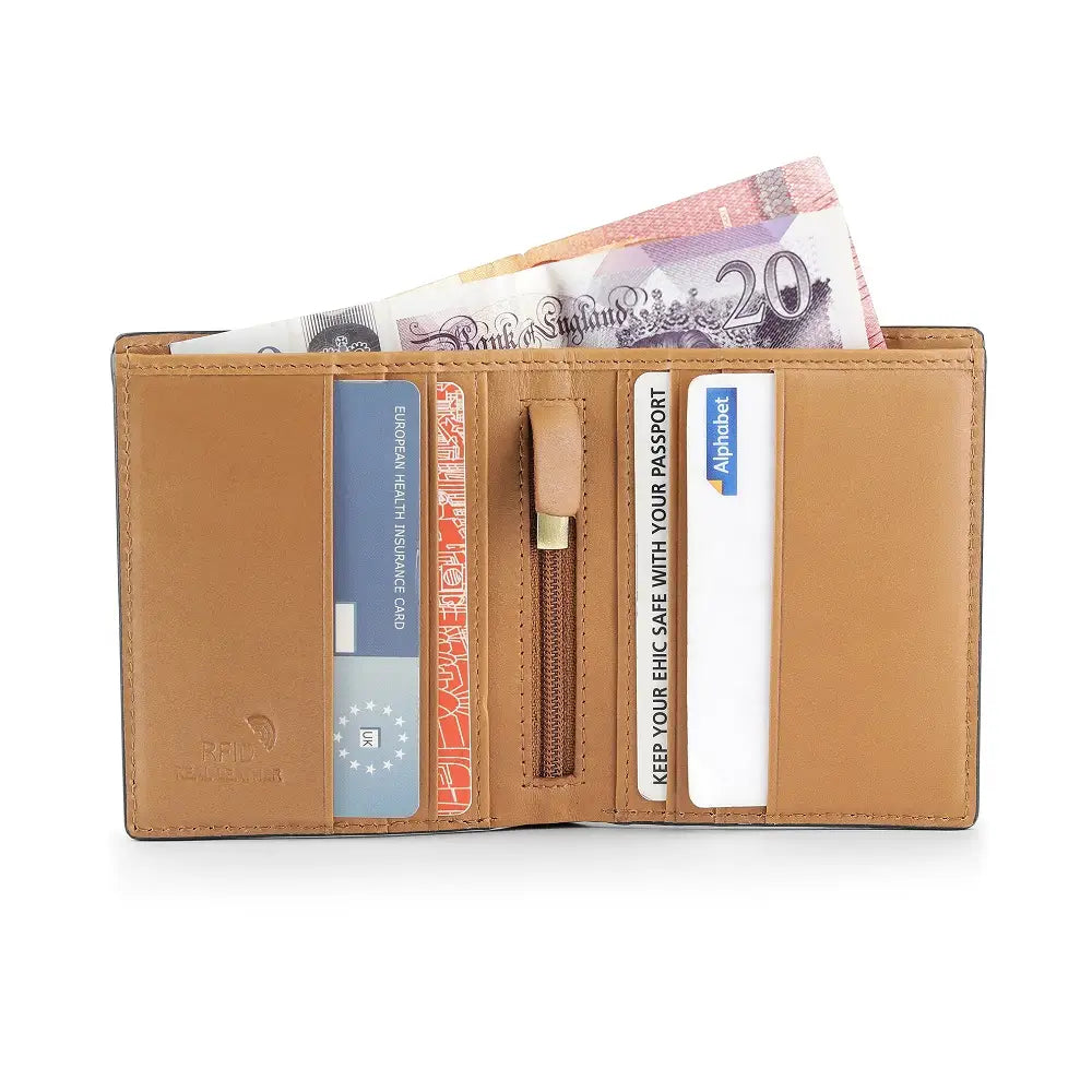 Inside view of Tan leather wallet with money and cards on a white background