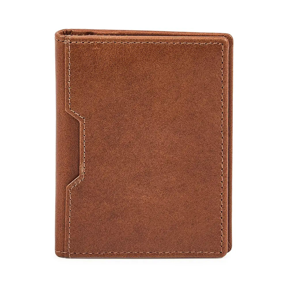 Tan leather credit card holder on a white background