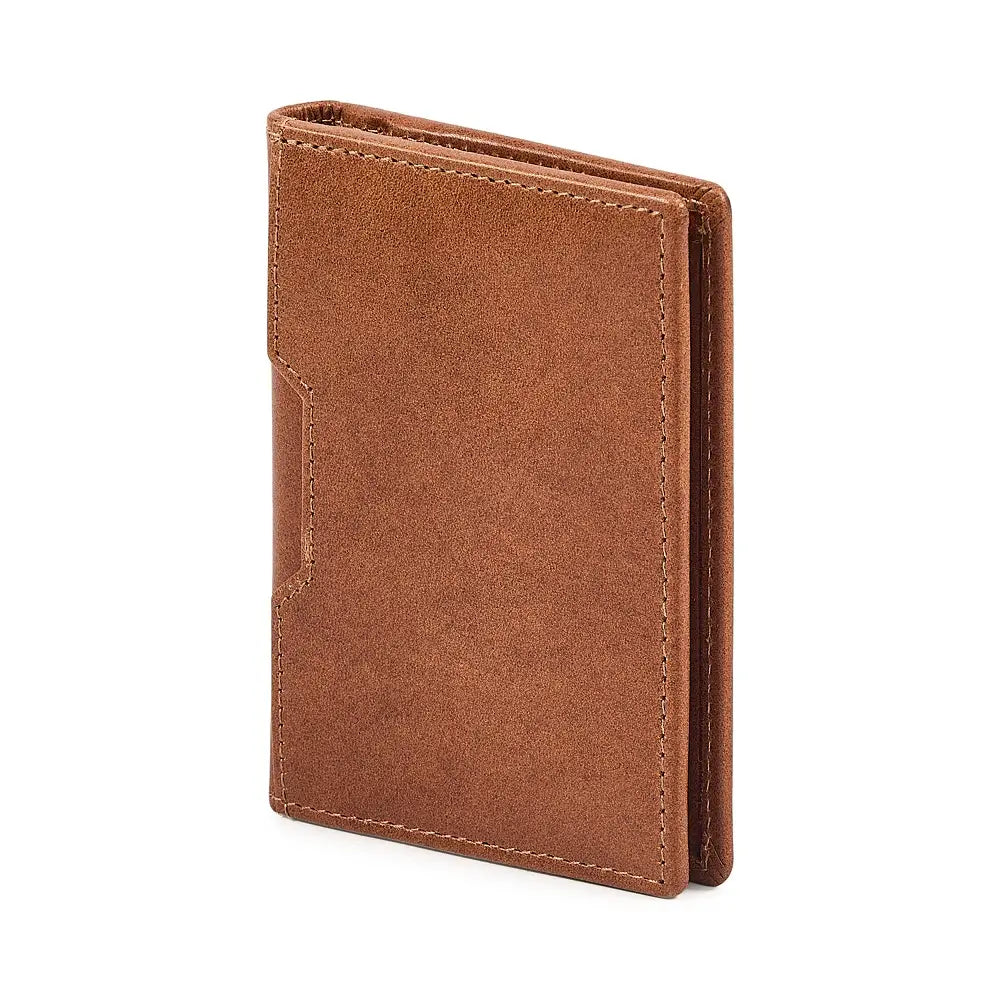 Brown leather credit card holder on a white background