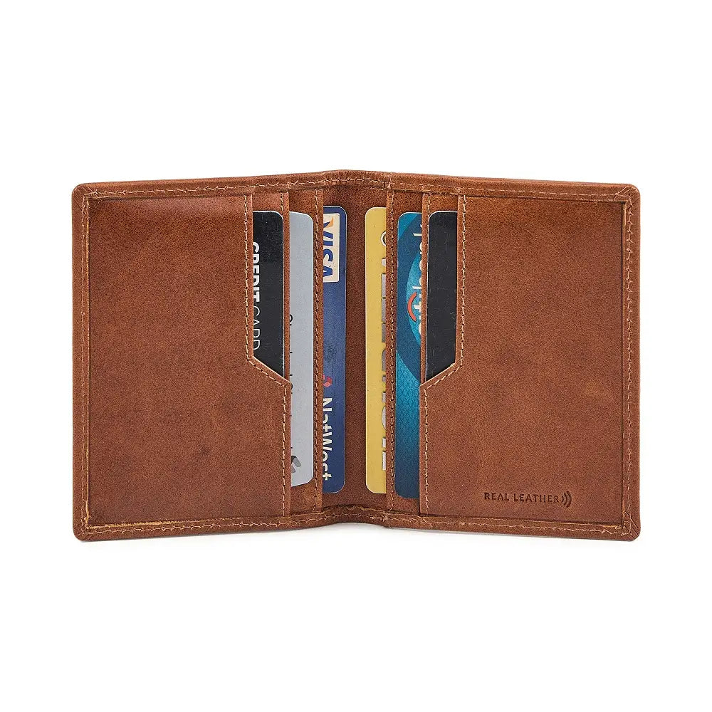 Tan leather credit card holder with card slots on a white background
