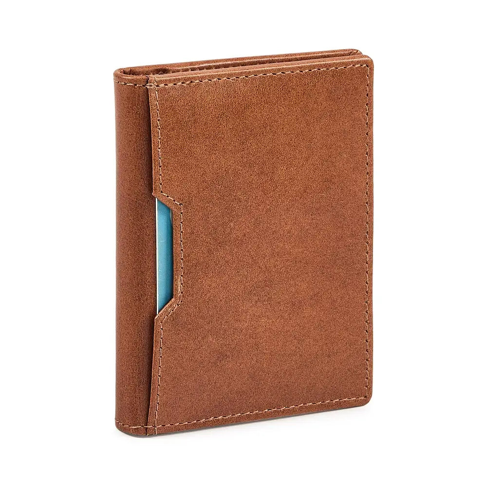 Tan leather credit card holder with a card pocket on a white background