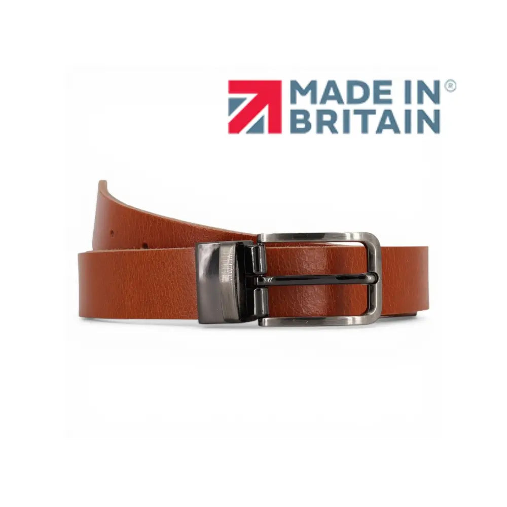Front view of Tan leather belt on a white background