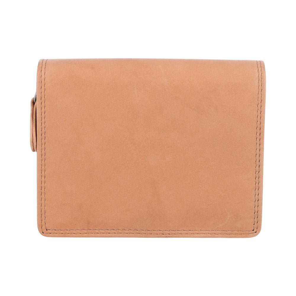 Back view of Tan leather purse on a white background
