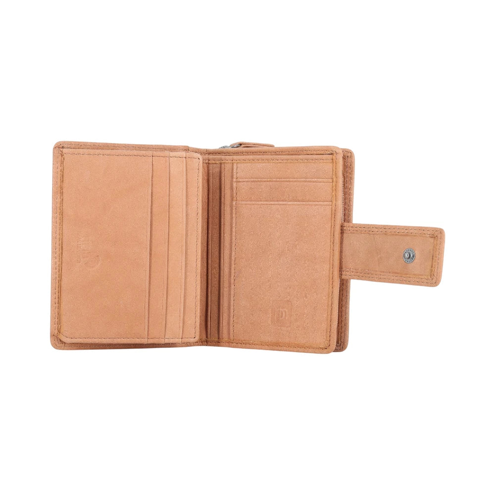 Tan leather purse open on a white background
