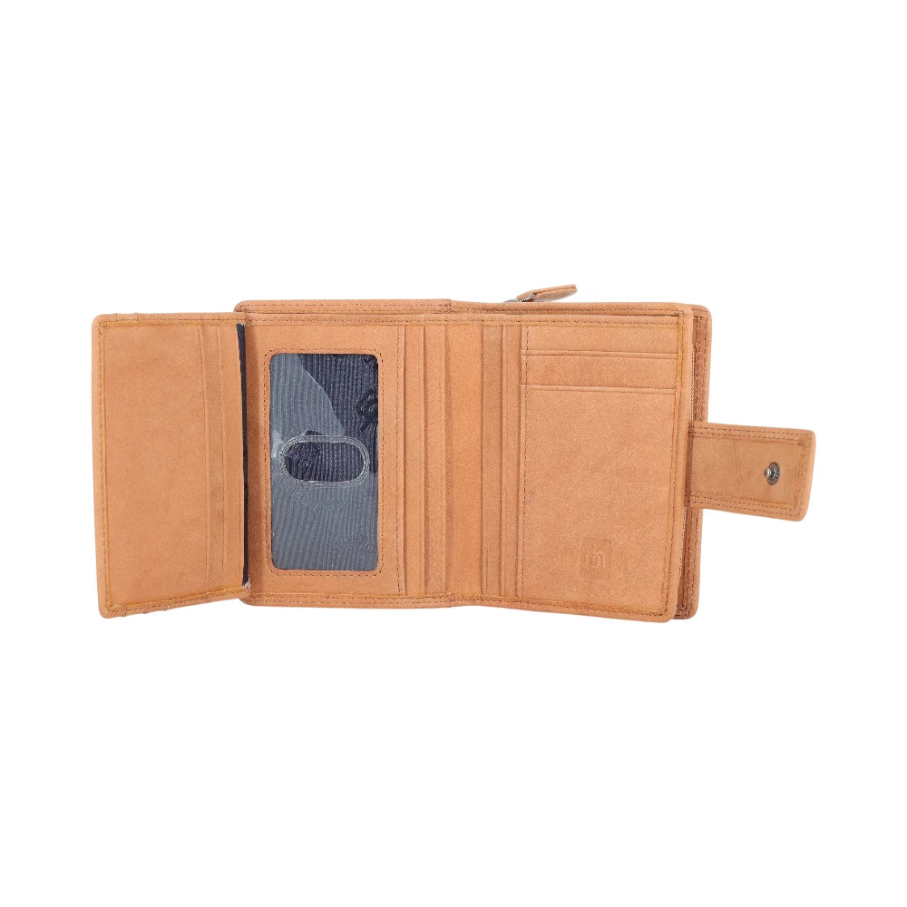 Tan leather purse with card slots and a small compartment on a white background