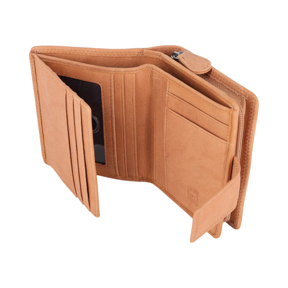 Tan leather purse on a white background