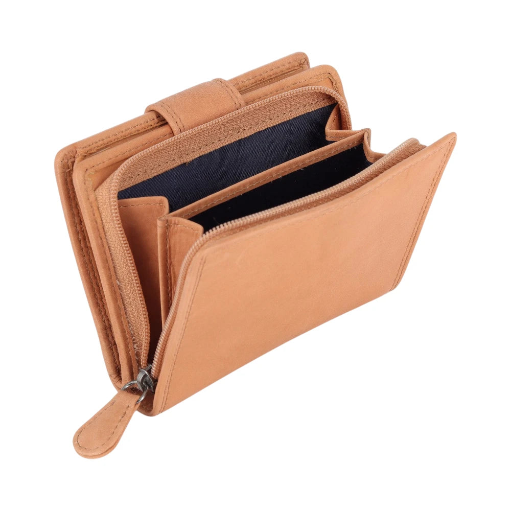Open tan leather purse on a white background
