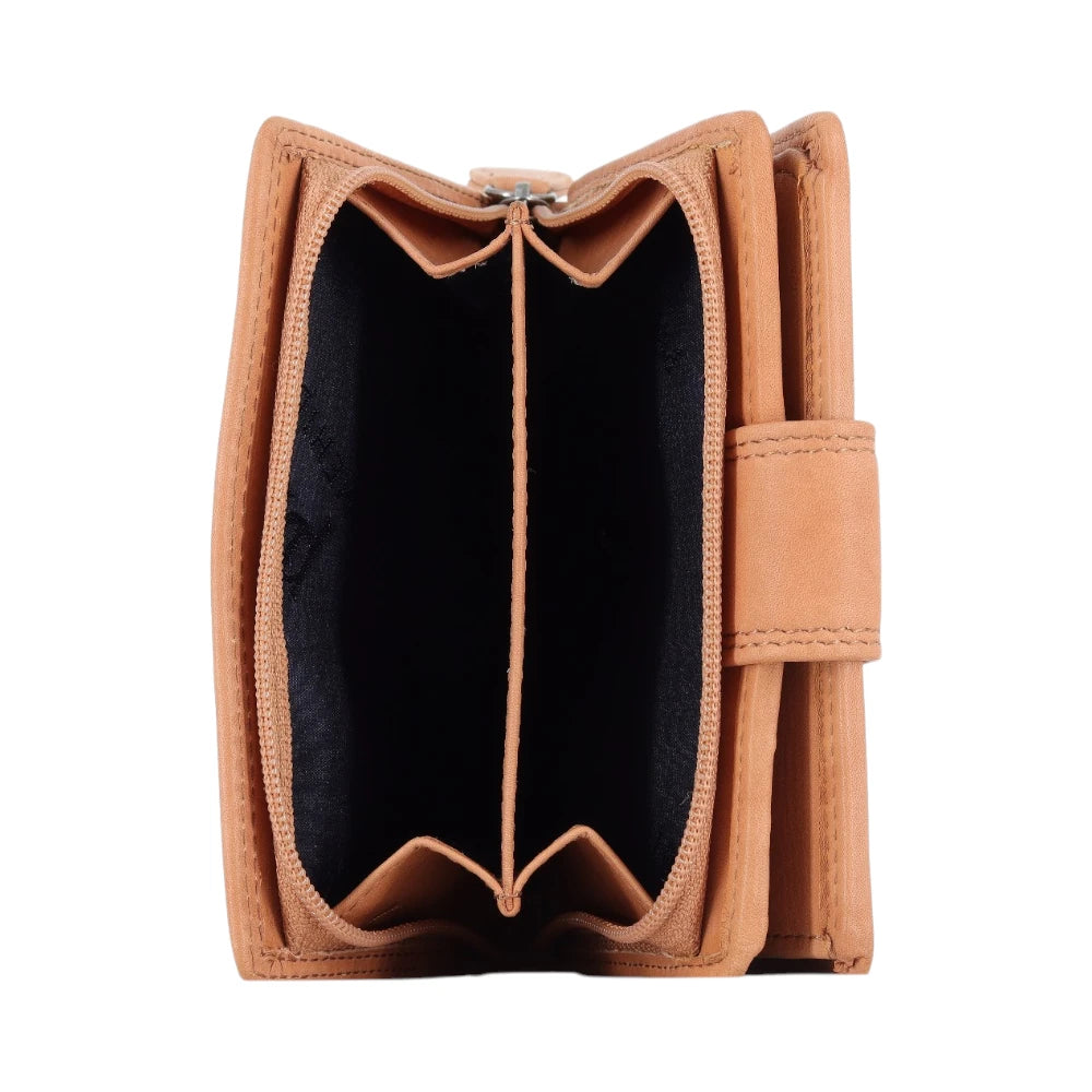 Tan leather purse open on a white background