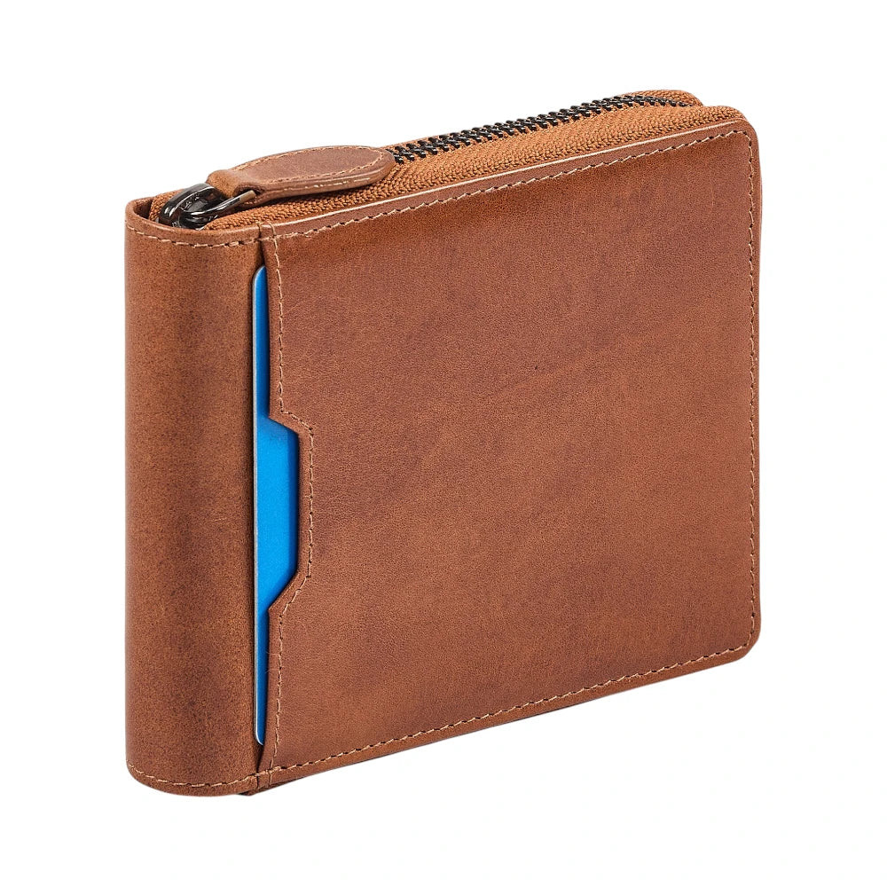 Tan leather wallet with a blue card holder on a white background