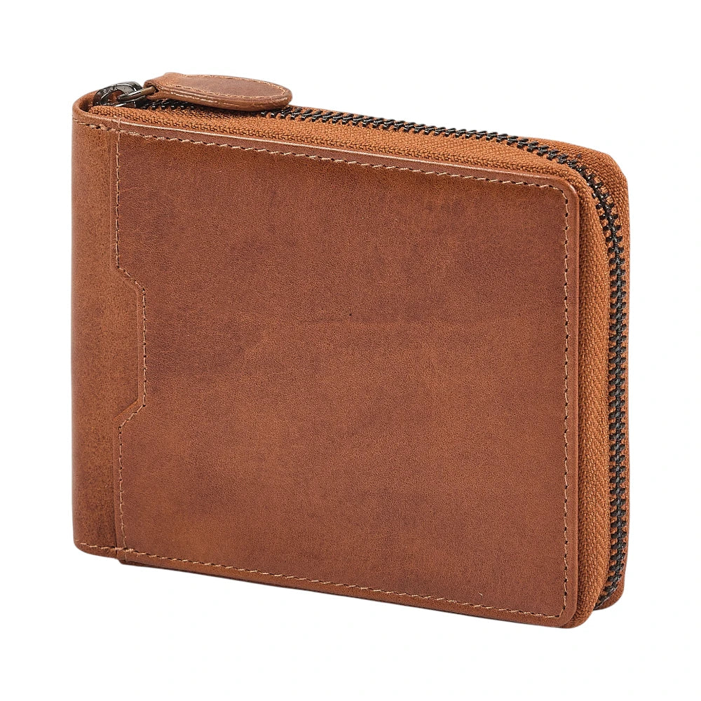 Side view of Tan leather wallet with a zipper on a white background