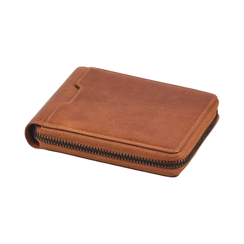 Top view of Tan leather wallet  on a white background