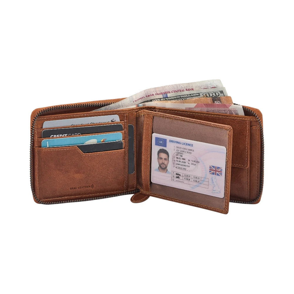 Tan leather wallet with various cards and a driver's license on a white background