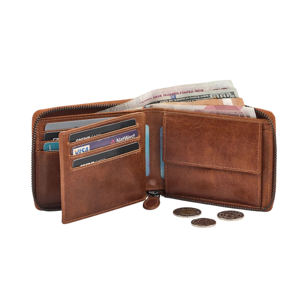 Tan leather wallet with various cards and notes on a white background
