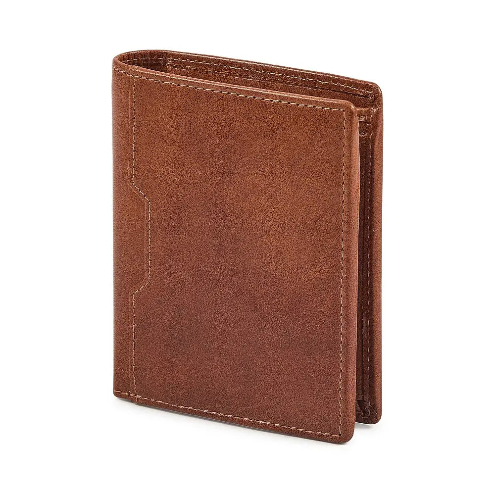 Side view of Tan  leather wallet on a white background