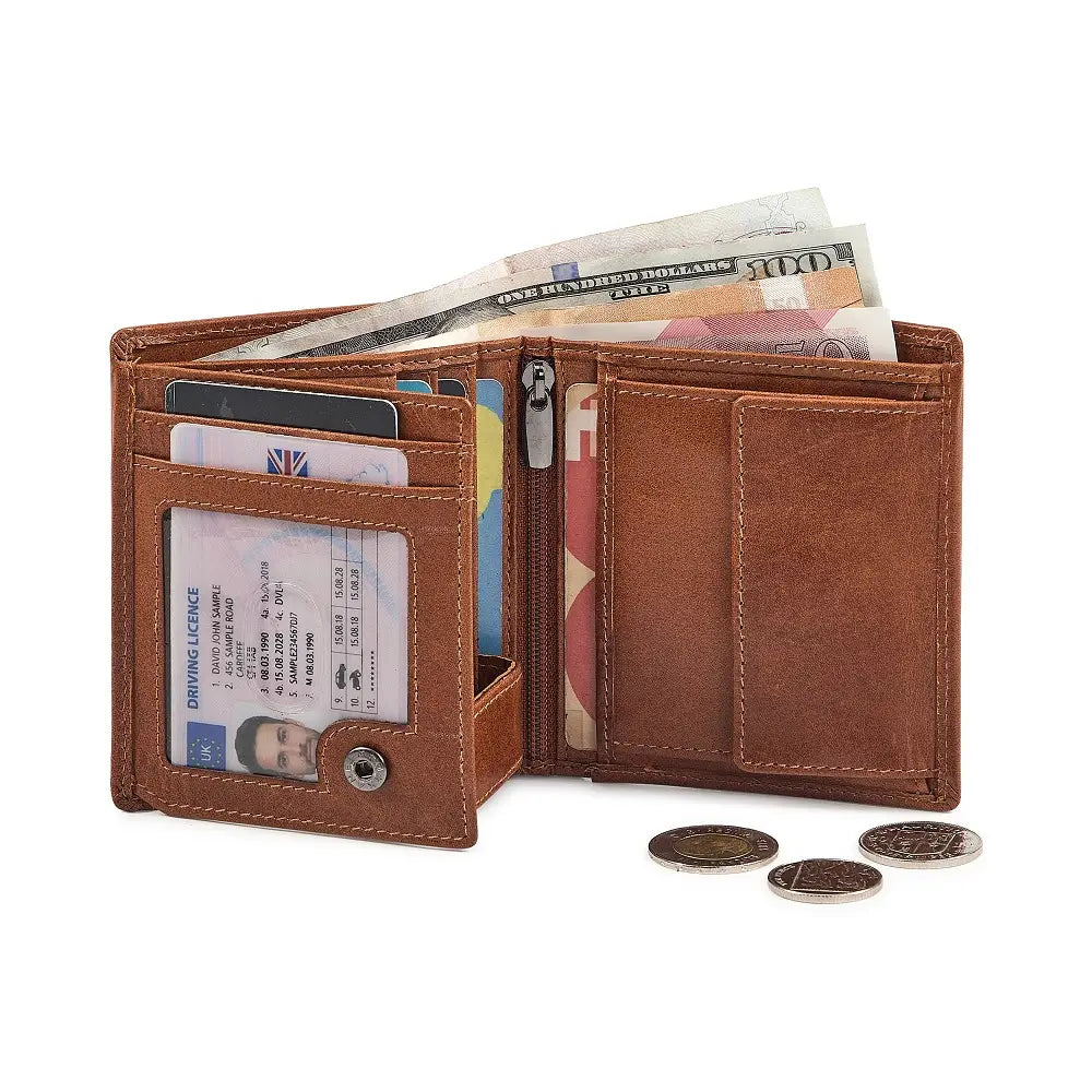 Tan leather wallet with various cards, money, and coins on a white background