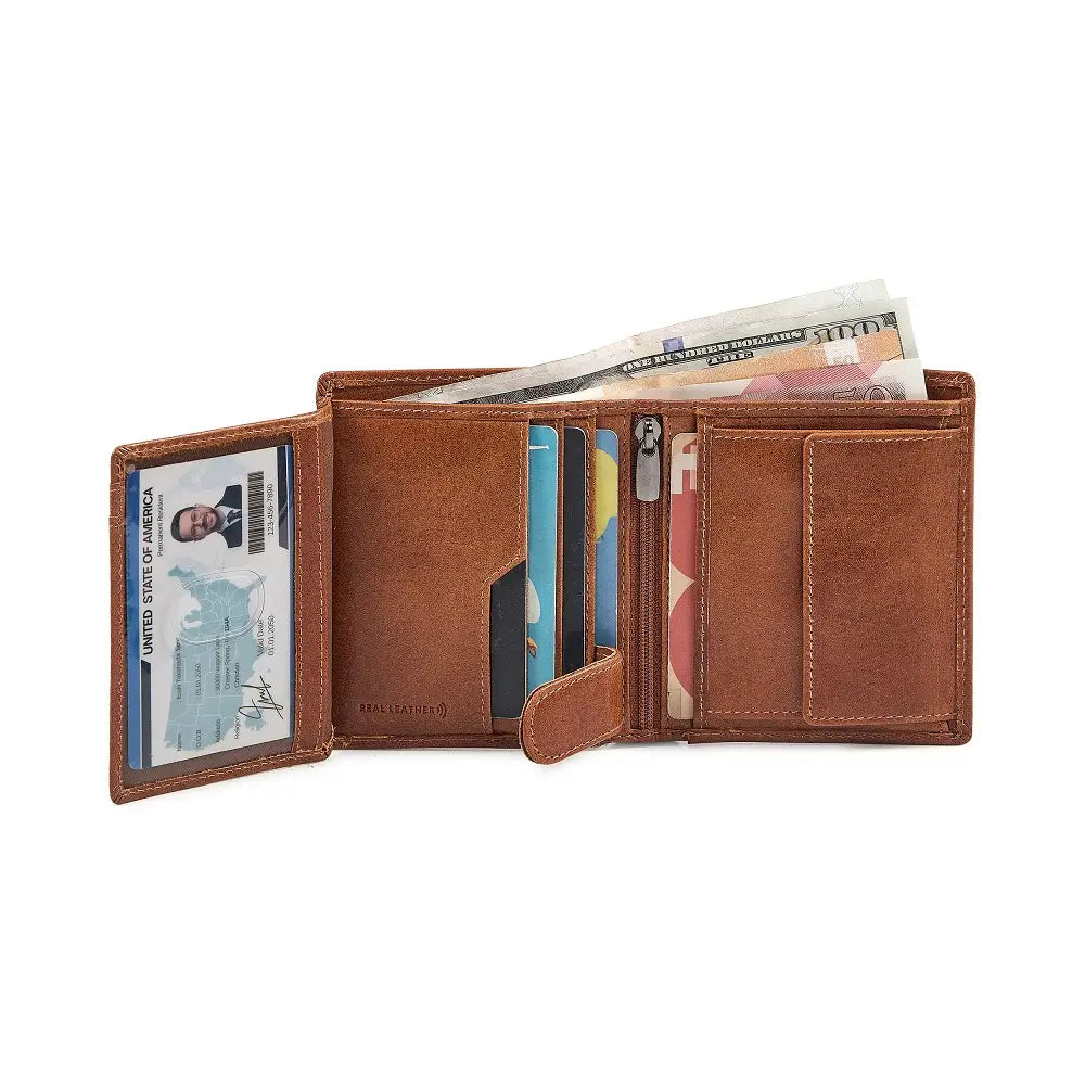 Tan leather wallet open to show card slots and bill compartment on a white background