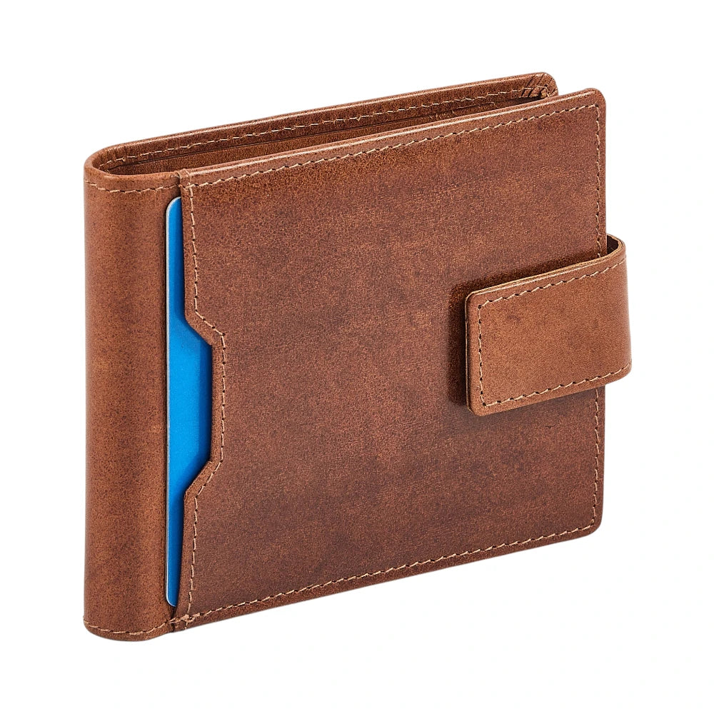 Tan leather wallet with a blue card holder on a white background