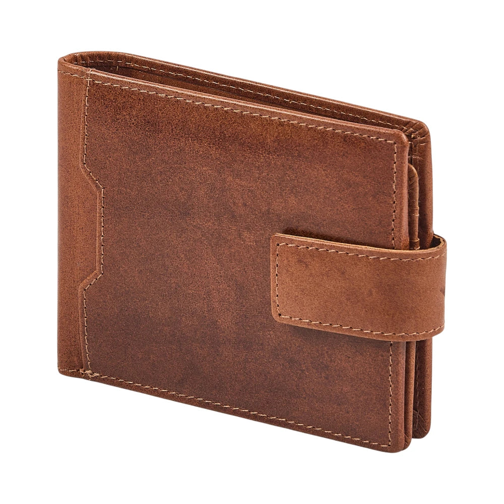 Side view of Tan leather wallet on a white background