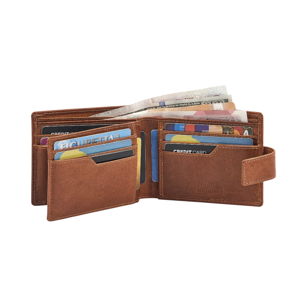 Tan leather wallet with card slots and money compartments on a white background