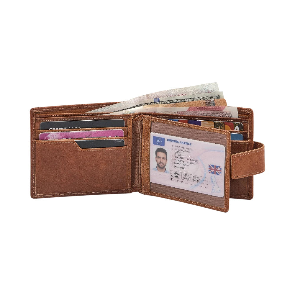 Tan wallet with various cards and money on a white background