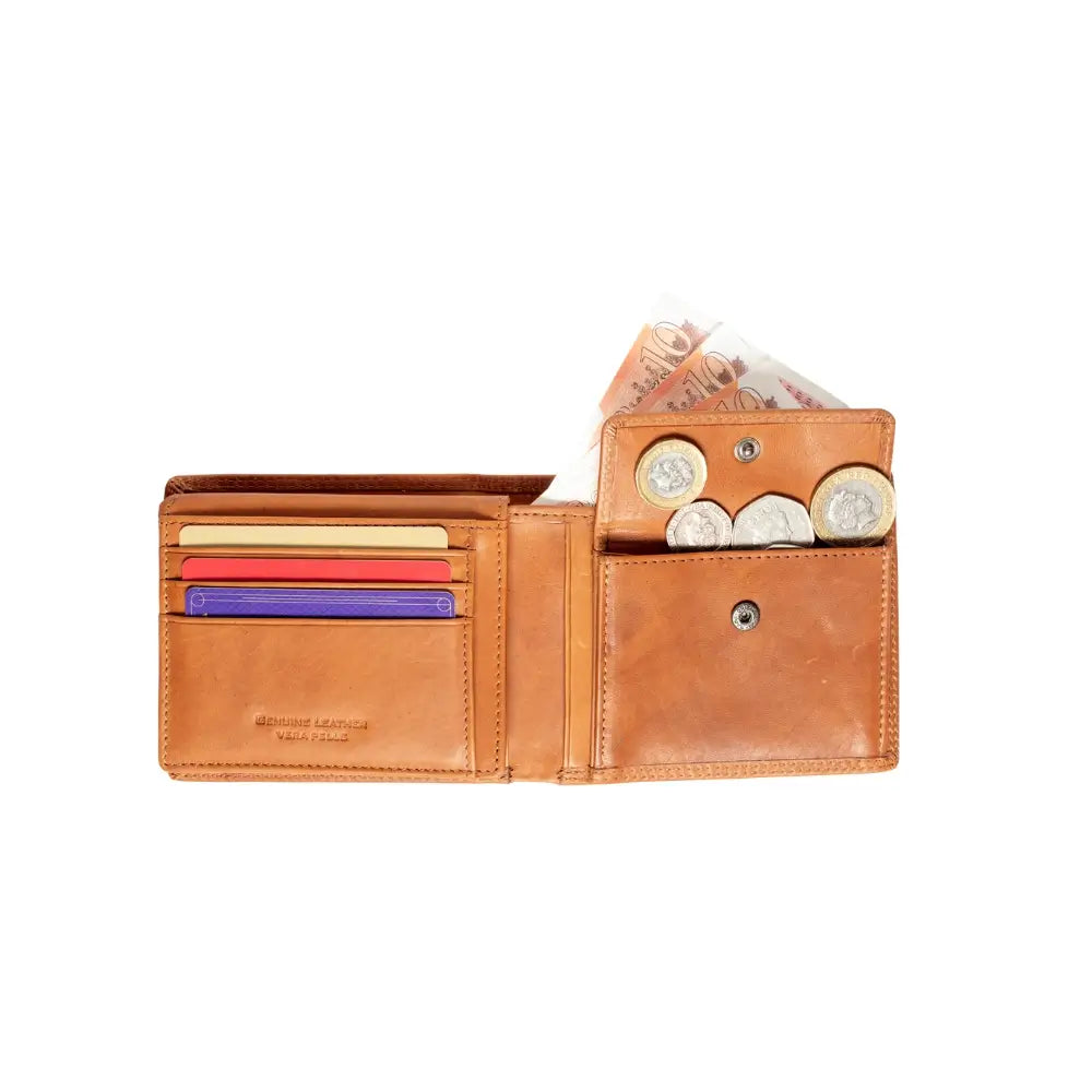 Tan leather wallet with coin pocket and card slots on a white background