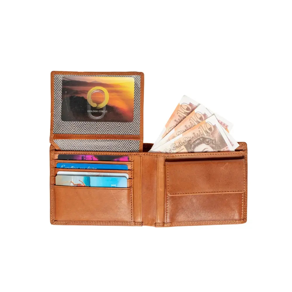 Tan leather wallet with card slots and bill compartment on a white background