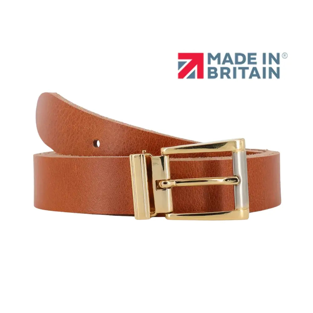 Tan leather belt with gold buckle on a white background, featuring 'Made in Britain' logo.