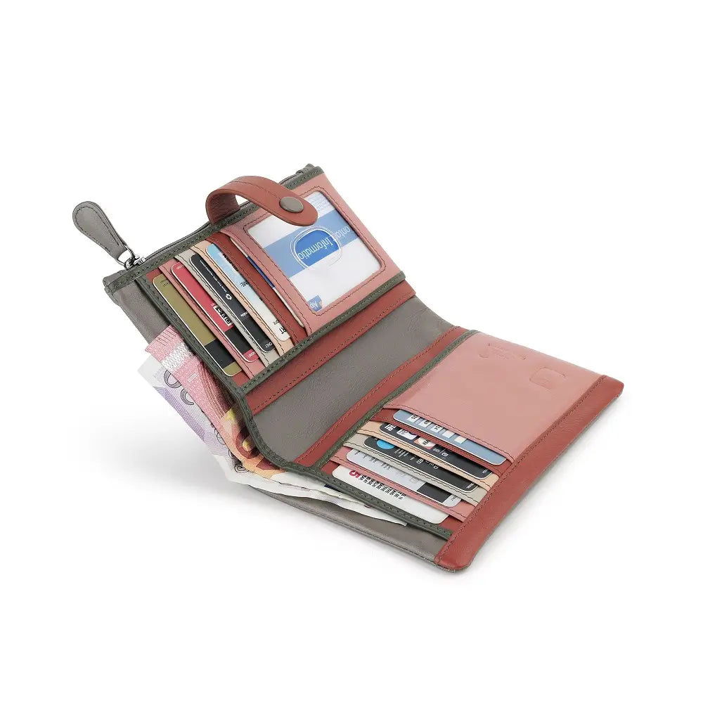 Open taupe wallet with cards and a cardholder on a white background