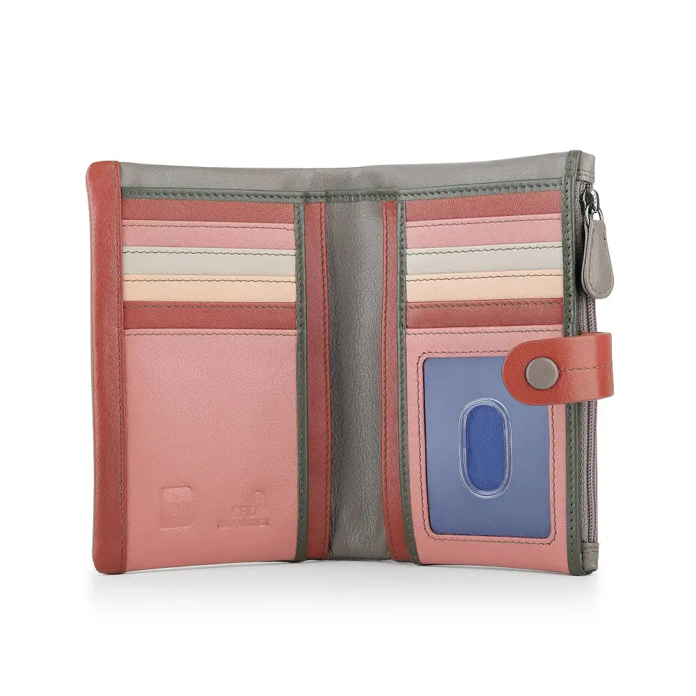 Taupe wallet with a visible brand logo on a white background
