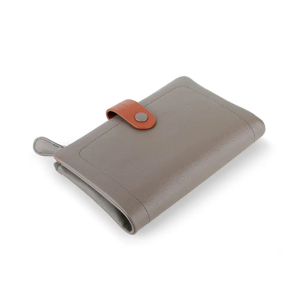 Taupe leather wallet with a red buckle on a white background