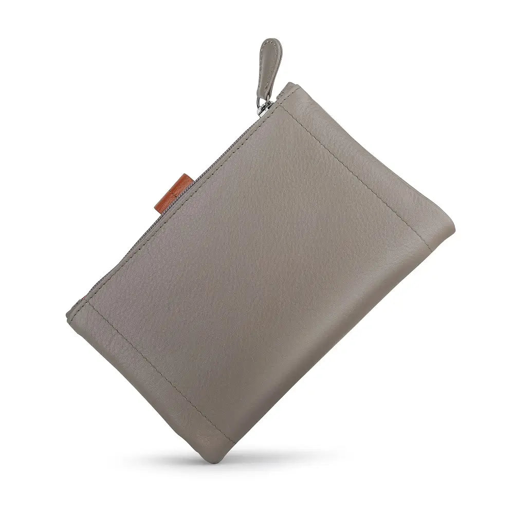 Taupe purse  with a zipper on a white background