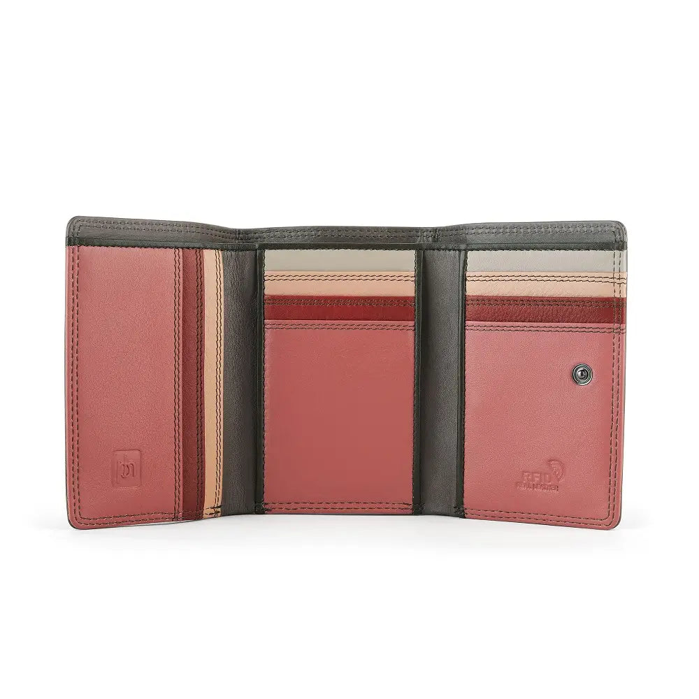 Open Taupe wallet with pink interior and visible brand logo on a white background