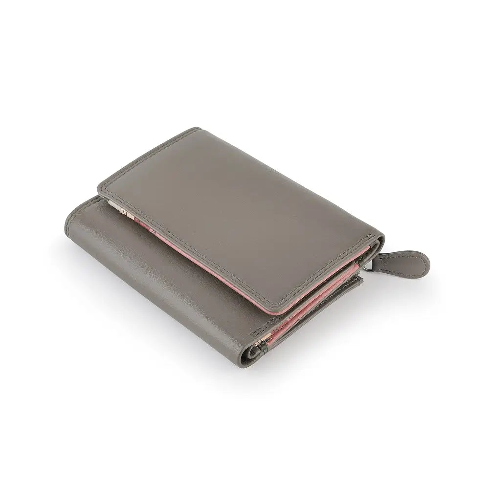 Taupe  leather wallets stacked on a white background