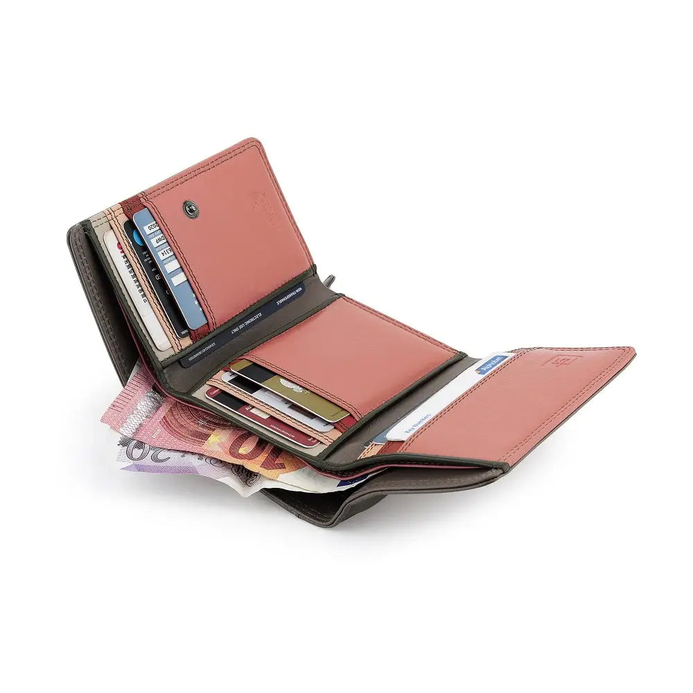 Open taupe wallet with cards and money on a white background