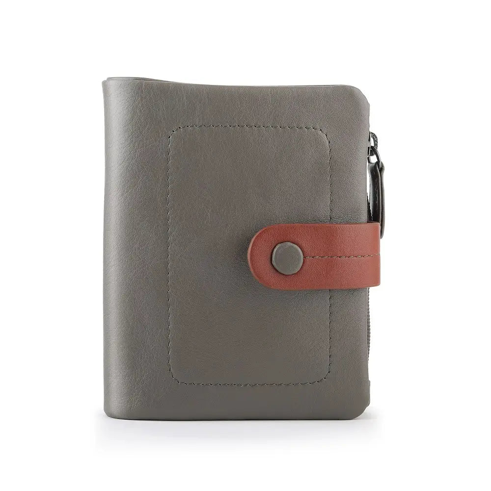 Taupe wallet with a brown leather strap on a white background