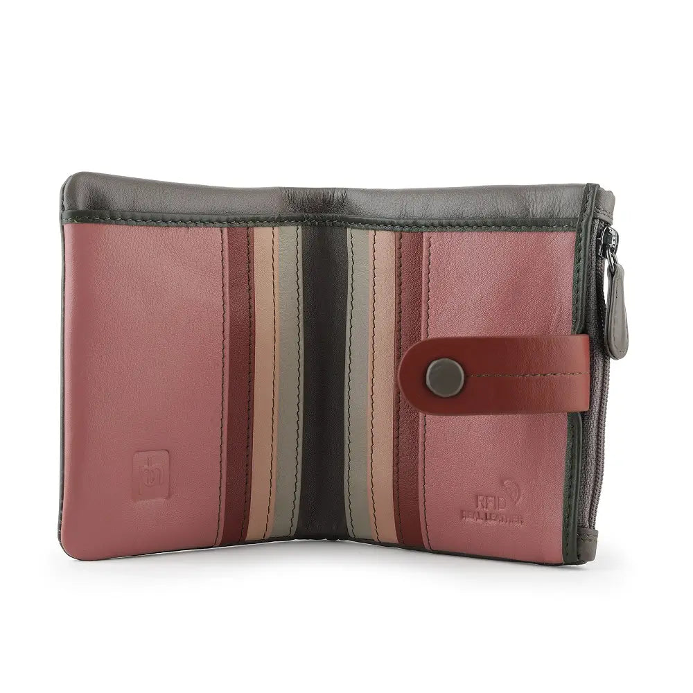Taupe striped wallet with a brown flap on a white background