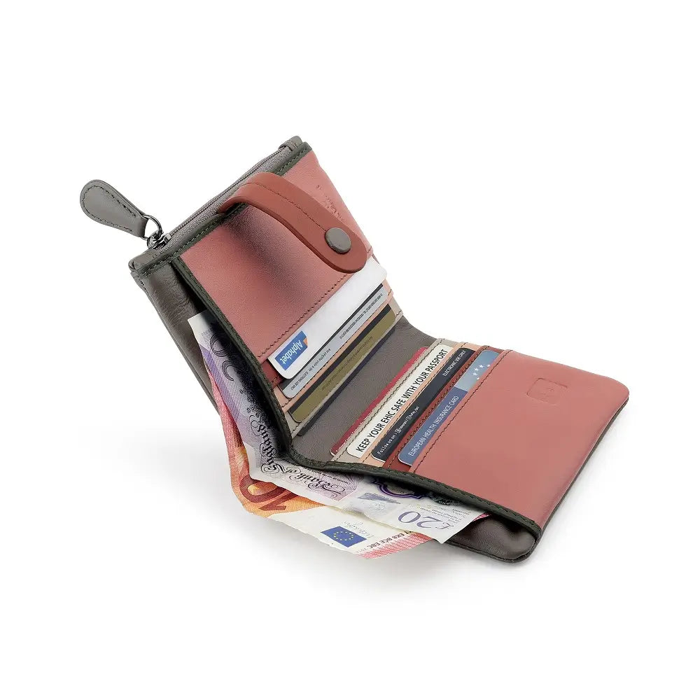 Taupe Open wallet with cards and money on a white background