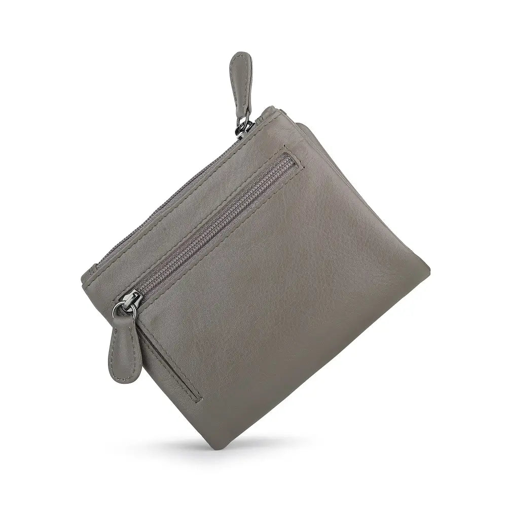 Taupe purse with a zipper on a white background