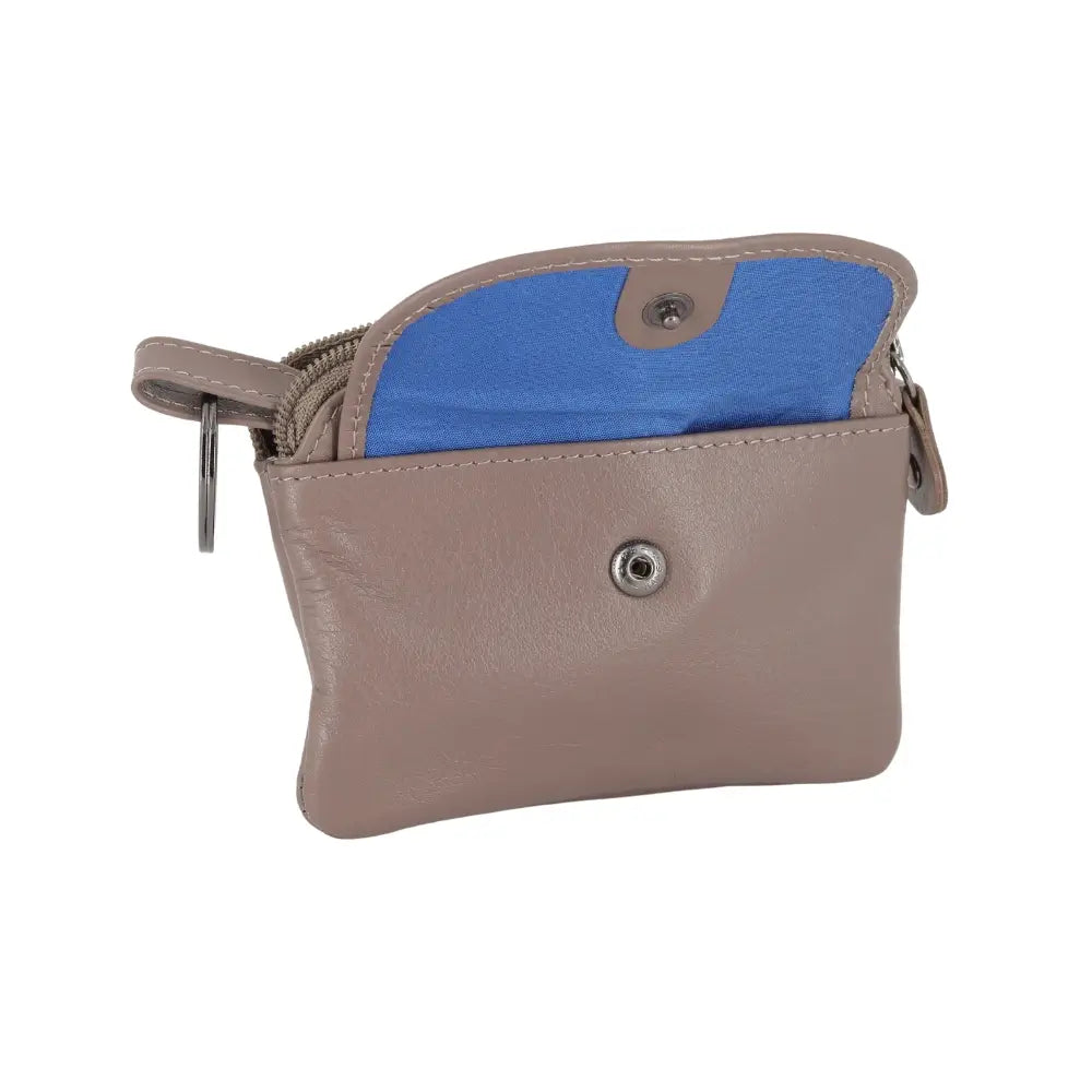 Taupe  leather pouch with a blue interior on a white background