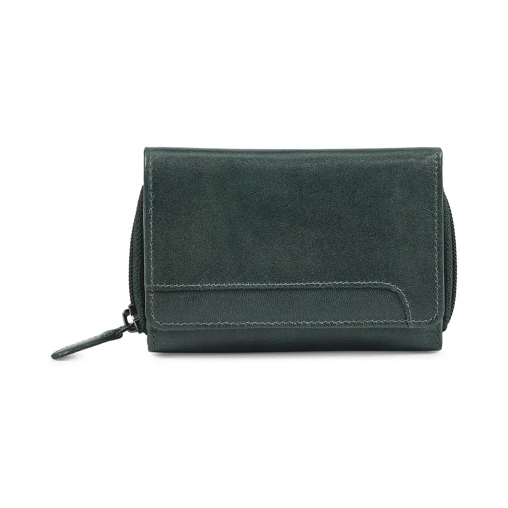 Teal leather wallet with a zipper on a white background