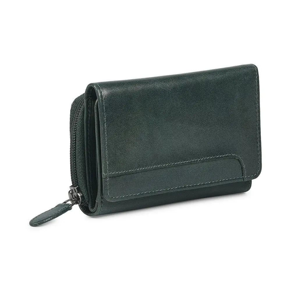 Teal leather wallet with a zipper on a white background