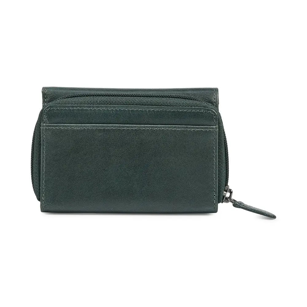 Teal leather wallet with multiple card slots on a white background