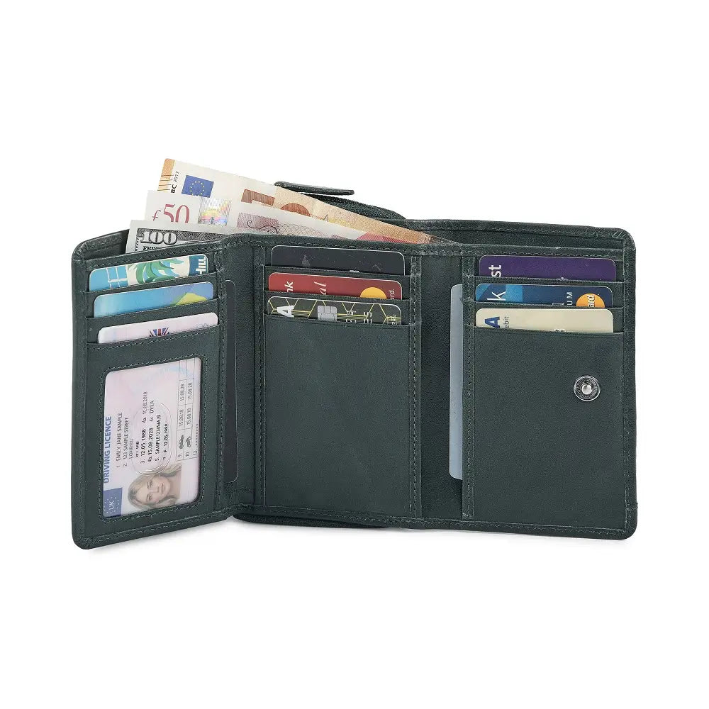 Open Teal leather wallet with various cards and money on a white background