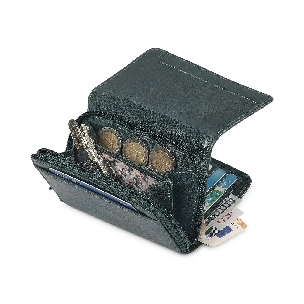 Teal wallet with compartments for coins, cards, and a key on a white background