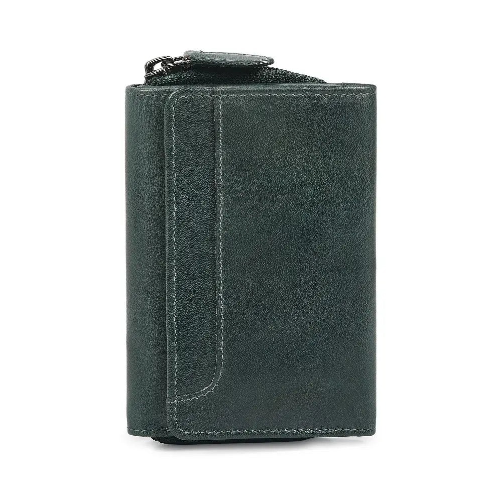 Teal wallet with a strap on a white background